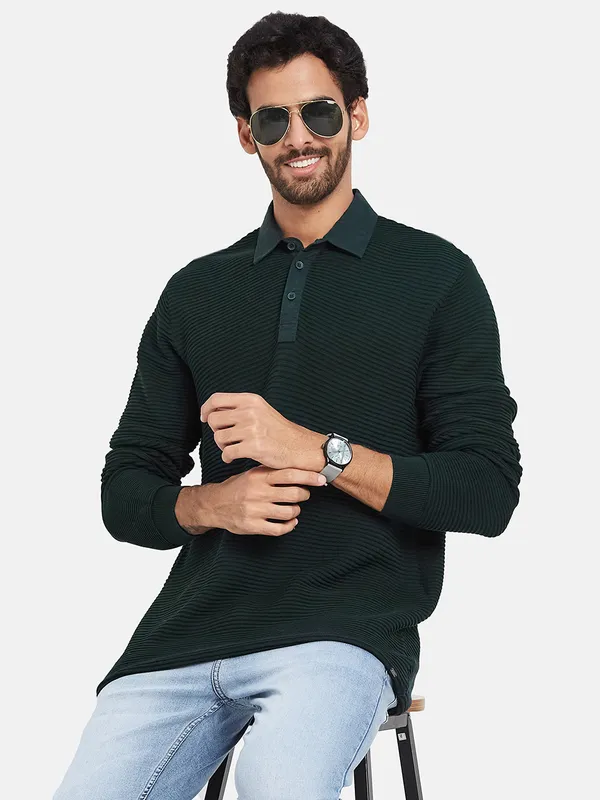 METTLE Self Design Polo Collar Cotton Pullover