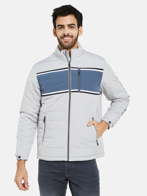 METTLE Men Grey Colourblocked Bomber Jacket