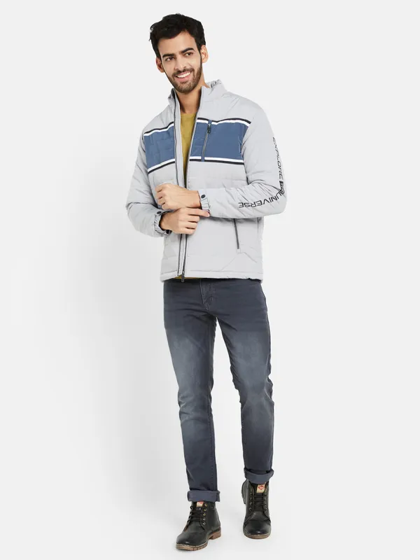 METTLE Men Grey Colourblocked Bomber Jacket