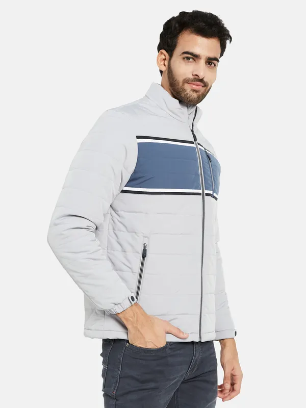 METTLE Men Grey Colourblocked Bomber Jacket