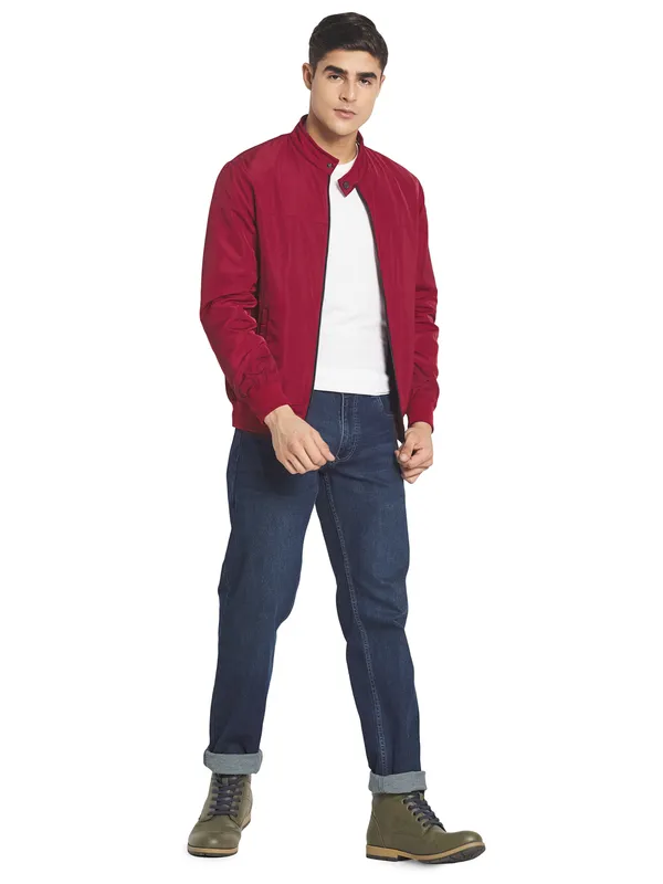 METTLE Men Maroon Solid Nylon Long Sleeves Bomber Jacket