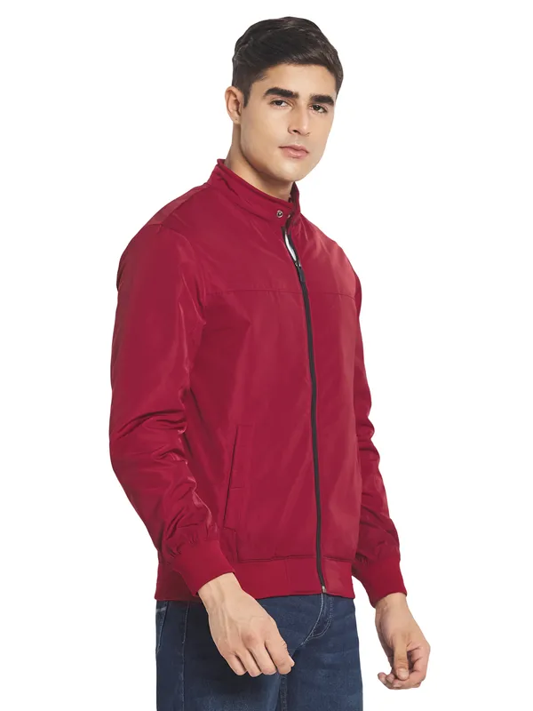 METTLE Men Maroon Solid Nylon Long Sleeves Bomber Jacket