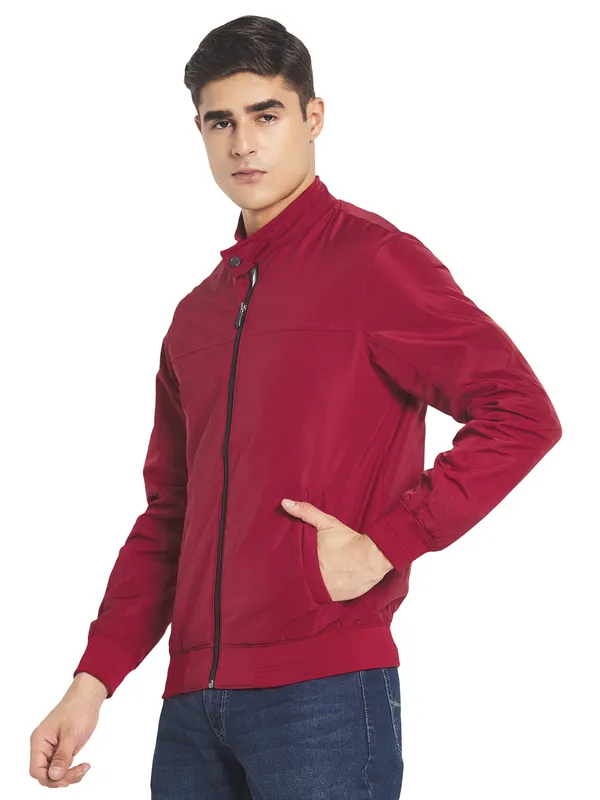 METTLE Men Maroon Solid Nylon Long Sleeves Bomber Jacket