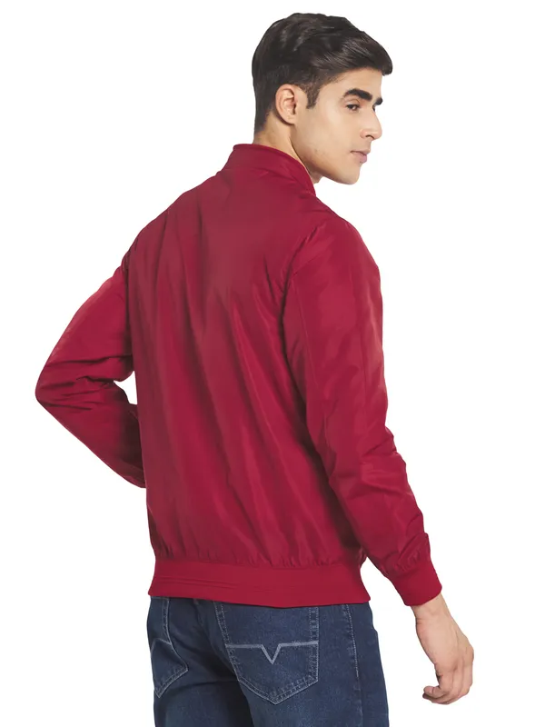 METTLE Men Maroon Solid Nylon Long Sleeves Bomber Jacket