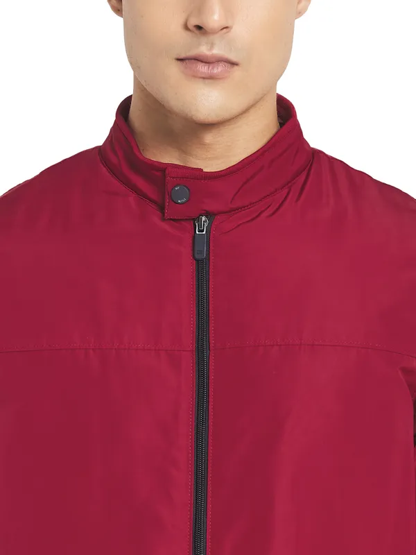 METTLE Men Maroon Solid Nylon Long Sleeves Bomber Jacket