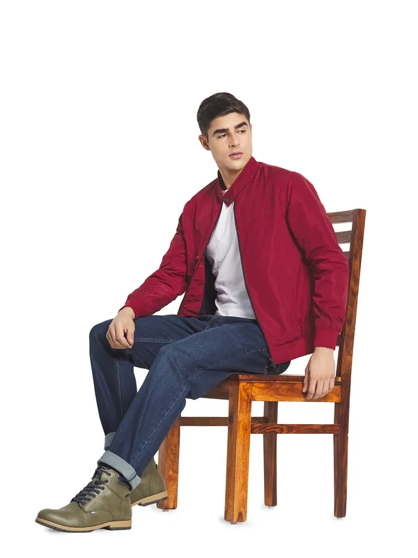 METTLE Men Maroon Solid Nylon Long Sleeves Bomber Jacket