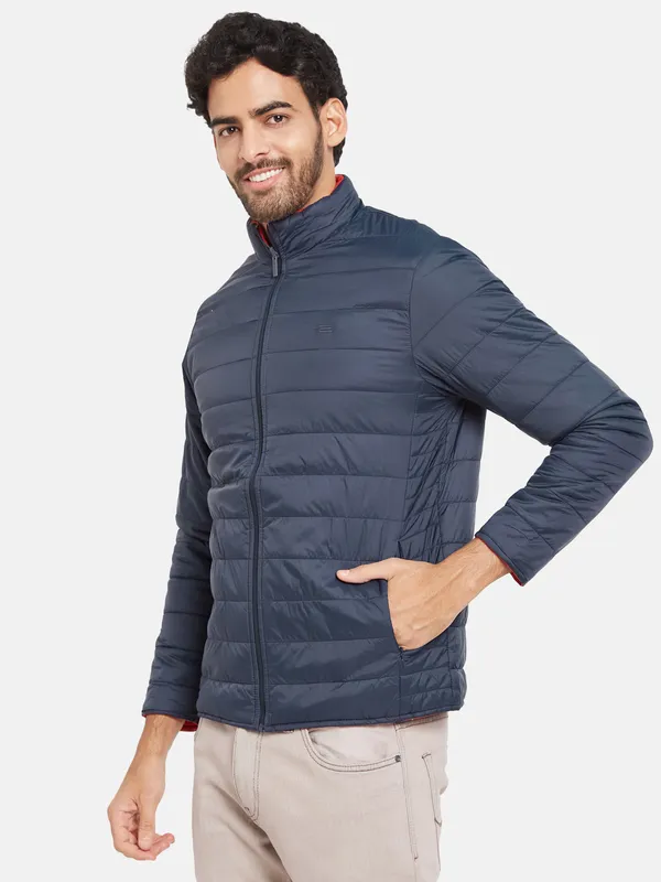 METTLE Men Navy Blue Woven Jacket