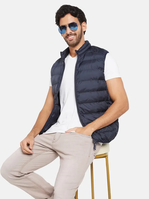 METTLE Men Navy Blue Woven Jacket