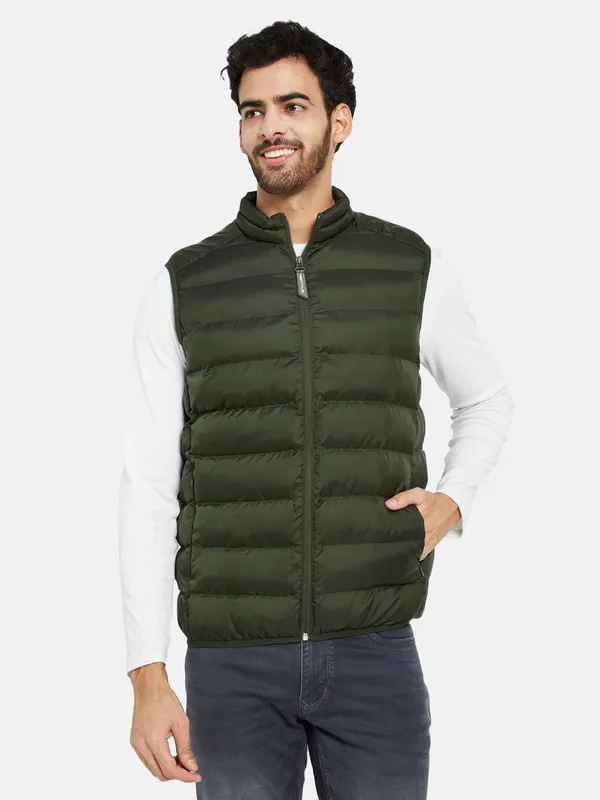 METTLE Men Olive Green Camouflage Crop Quilted Jacket