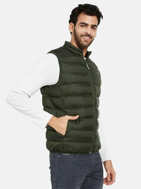 METTLE Men Olive Green Camouflage Crop Quilted Jacket