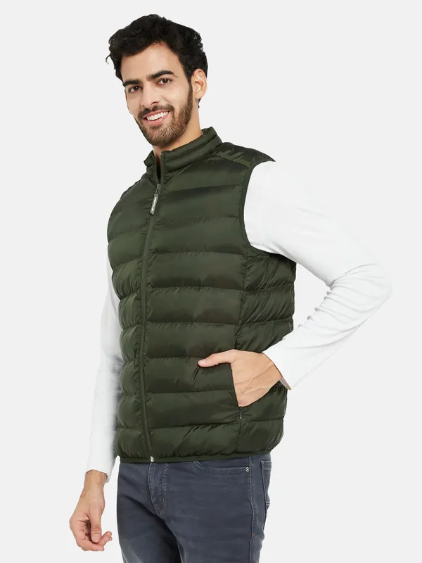 METTLE Men Olive Green Camouflage Crop Quilted Jacket