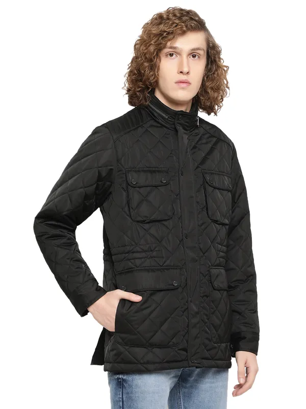 METTLE Men Black Longline Quilted Jacket with Patchwork