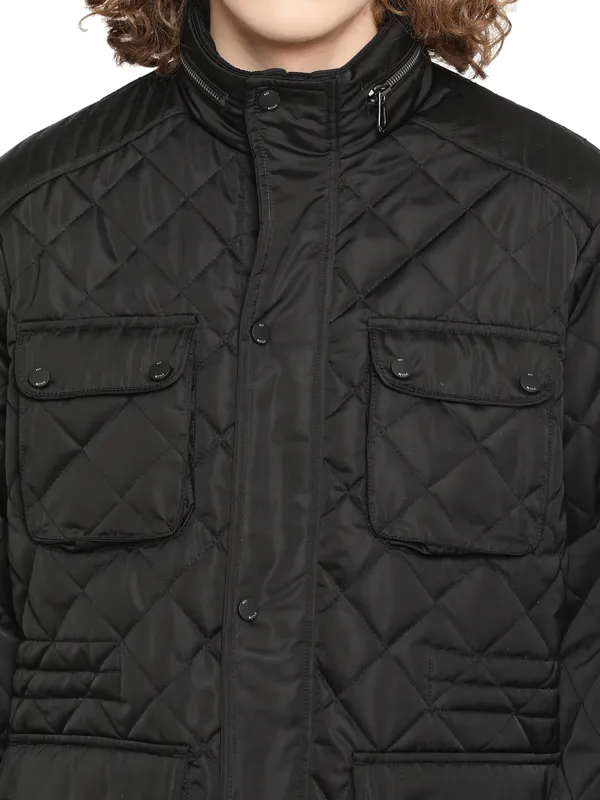 METTLE Men Black Longline Quilted Jacket with Patchwork