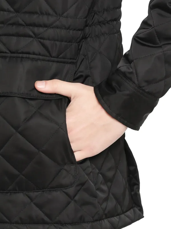 METTLE Men Black Longline Quilted Jacket with Patchwork