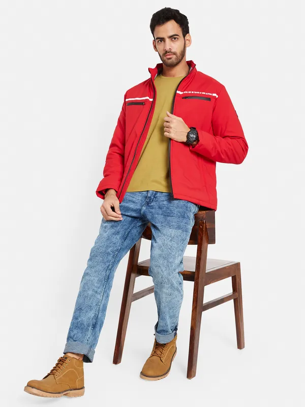 METTLE Men Red Washed Colourblocked Longline Tailored Jacket