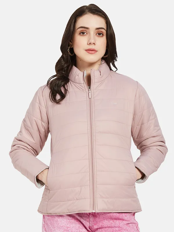 METTLE Women Pink Puffer Jacket with Embroidered