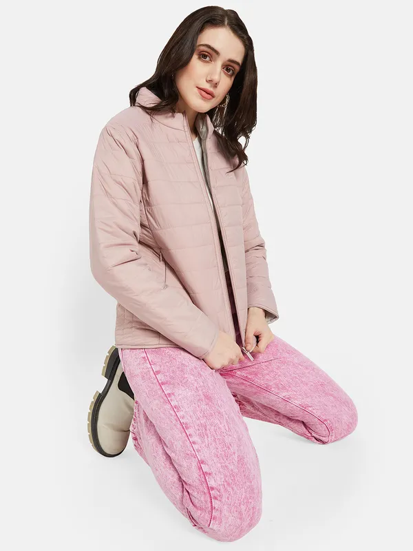 METTLE Women Pink Puffer Jacket with Embroidered