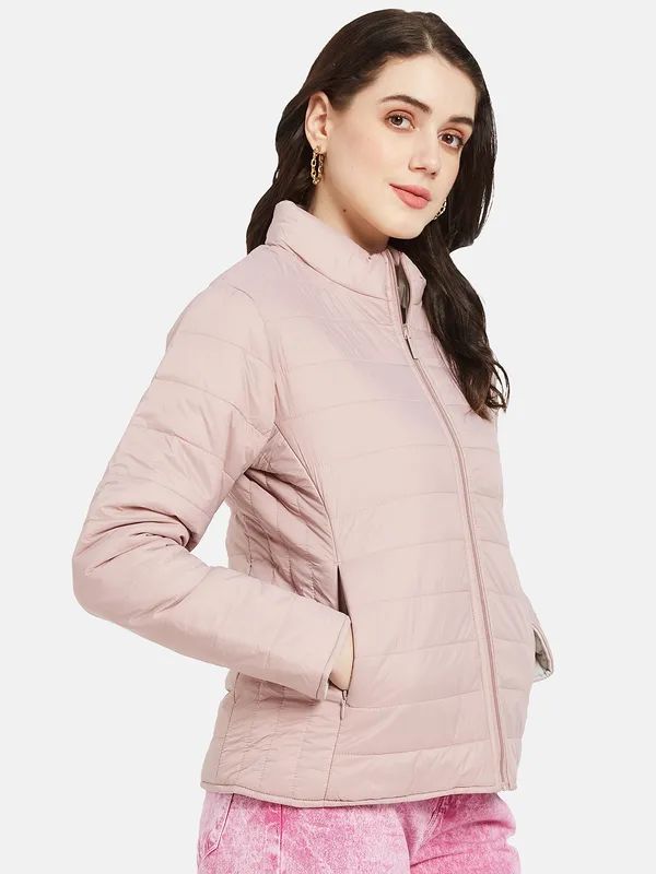 METTLE Women Pink Puffer Jacket with Embroidered