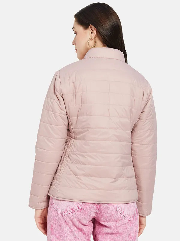 METTLE Women Pink Puffer Jacket with Embroidered