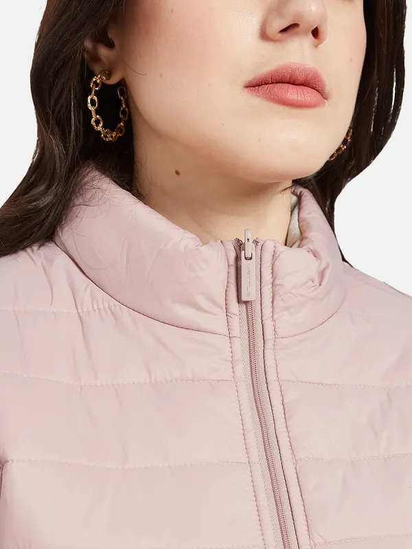 METTLE Women Pink Puffer Jacket with Embroidered