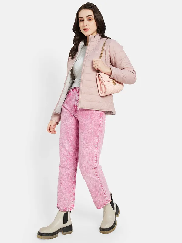 METTLE Women Pink Puffer Jacket with Embroidered