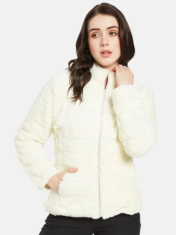 METTLE Women White Crop Puffer Jacket