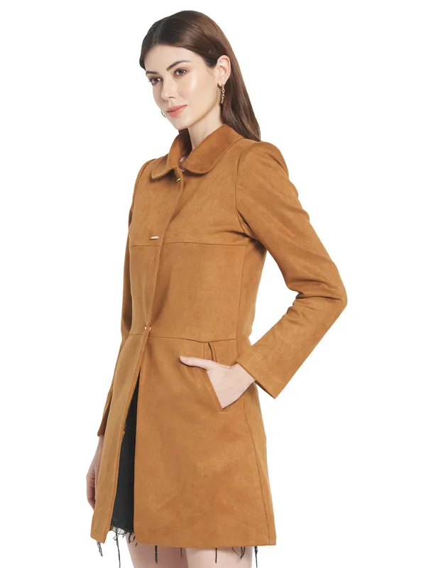 METTLE Women Brown Solid Cotton Overcoat