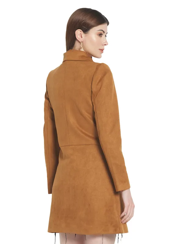 METTLE Women Brown Solid Cotton Overcoat