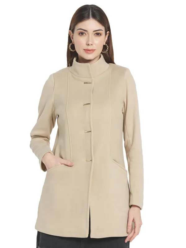 METTLE Women Cream Solid Cotton Overcoat
