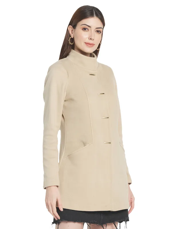 METTLE Women Cream Solid Cotton Overcoat