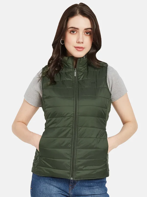 METTLE Women Olive Green Camouflage Crop Puffer Jacket