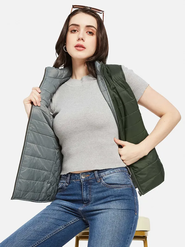 METTLE Women Olive Green Camouflage Crop Puffer Jacket