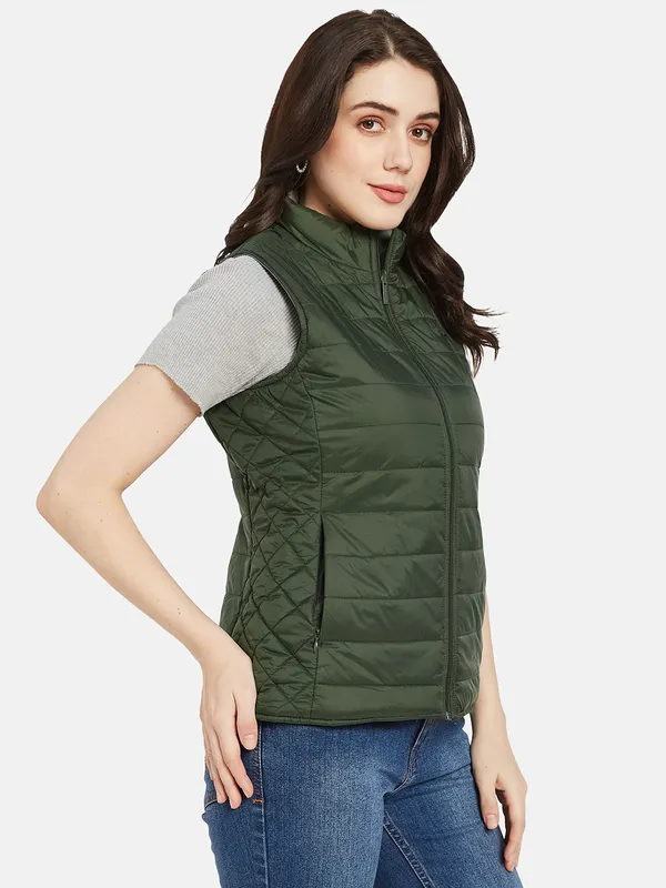 METTLE Women Olive Green Camouflage Crop Puffer Jacket