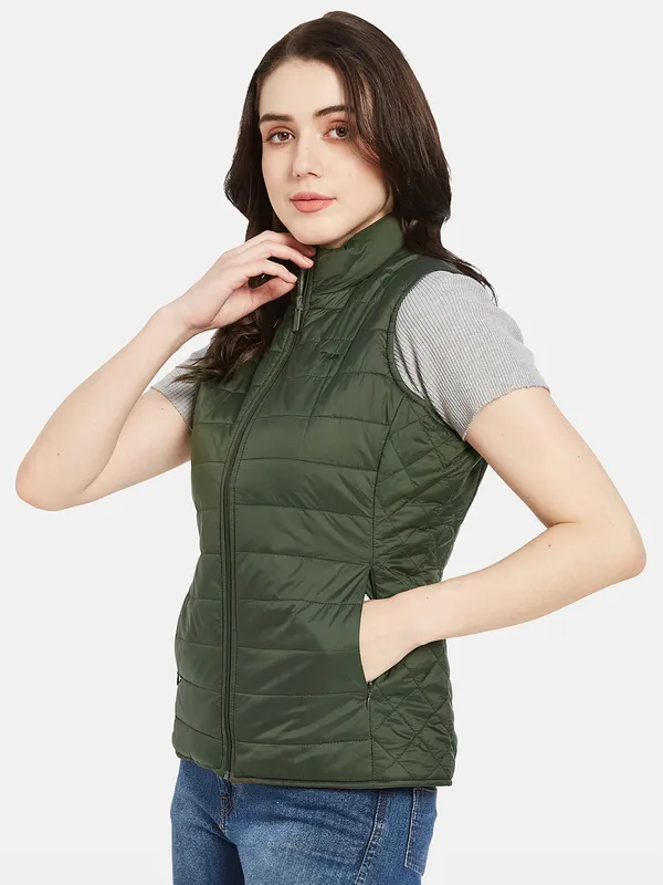 METTLE Women Olive Green Camouflage Crop Puffer Jacket