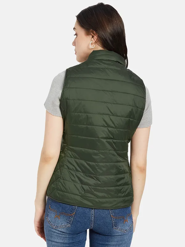 METTLE Women Olive Green Camouflage Crop Puffer Jacket