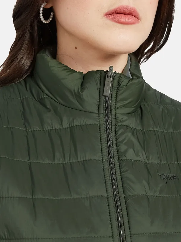 METTLE Women Olive Green Camouflage Crop Puffer Jacket