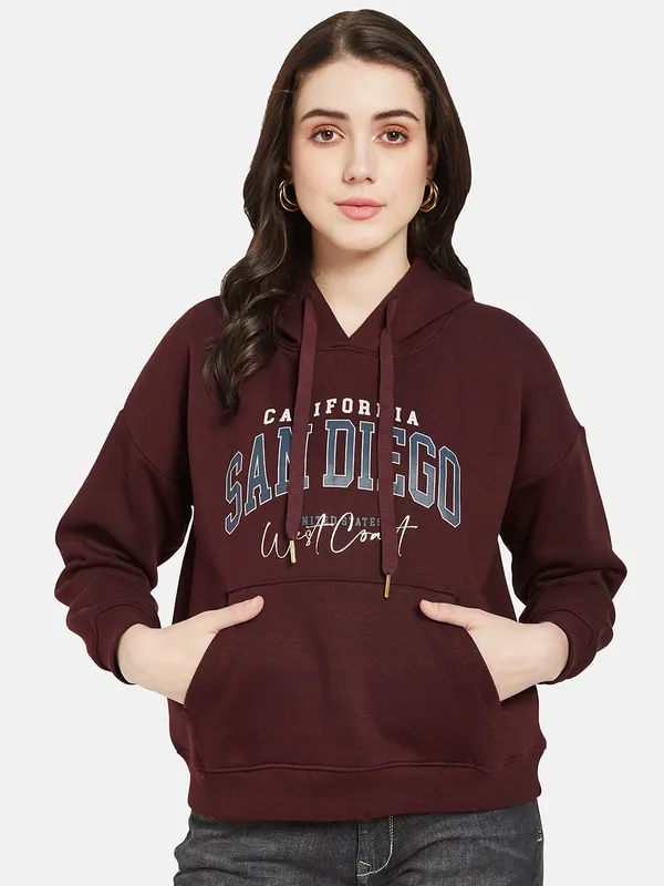 METTLE Women Maroon Printed Hooded Sweatshirt