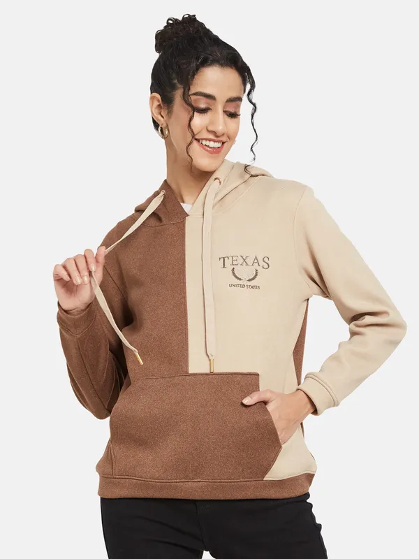 METTLE Women Brown Colourblocked Hooded Sweatshirt
