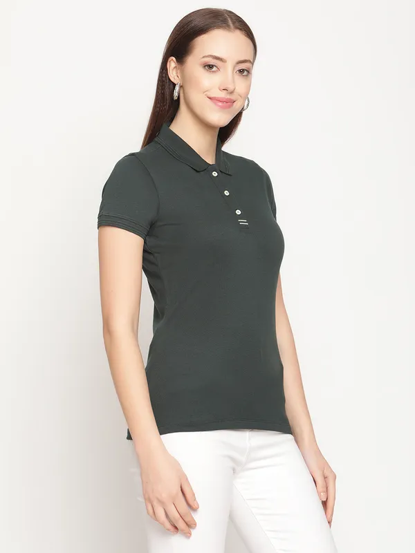 METTLE Women Green Polo Collar Cotton T-shirt