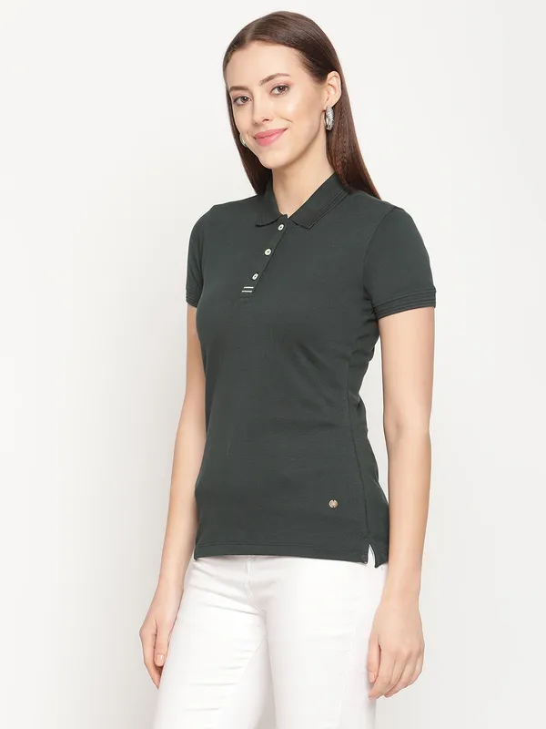 METTLE Women Green Polo Collar Cotton T-shirt
