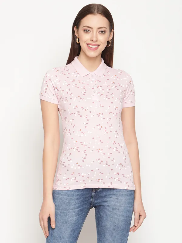 METTLE Women Pink  White Floral Printed Polo Collar Cotton T-shirt