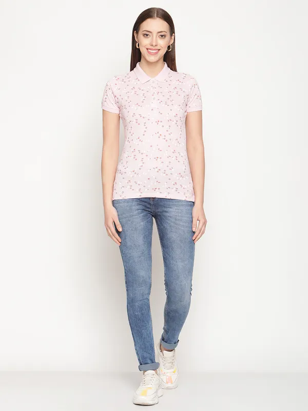 METTLE Women Pink  White Floral Printed Polo Collar Cotton T-shirt