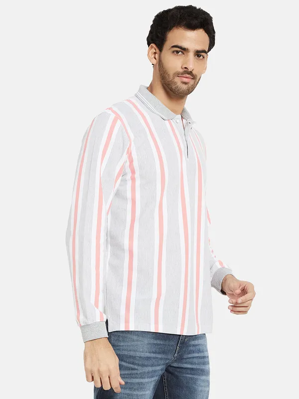 METTLE Men Grey Striped Polo Collar T-shirt