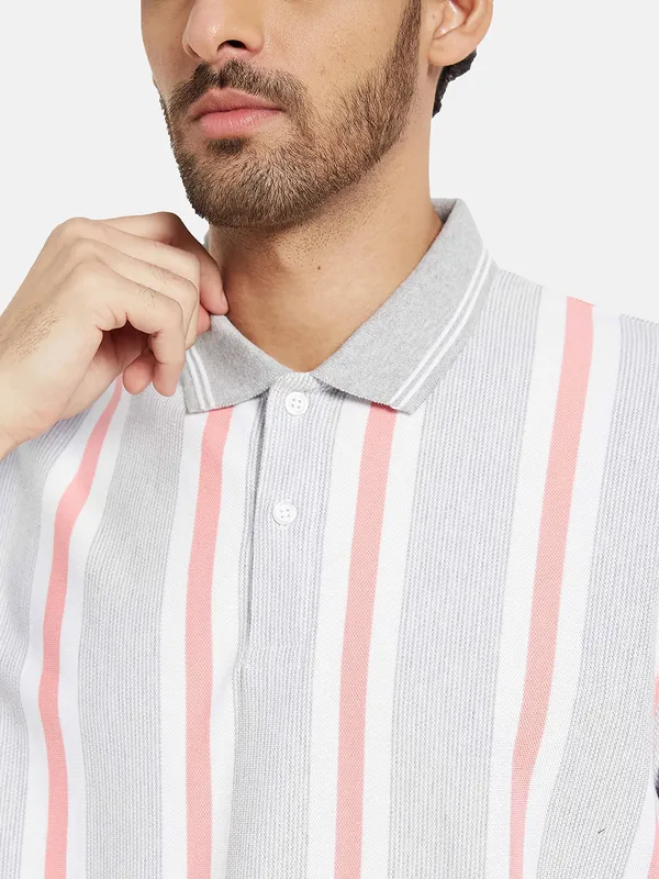 METTLE Men Grey Striped Polo Collar T-shirt