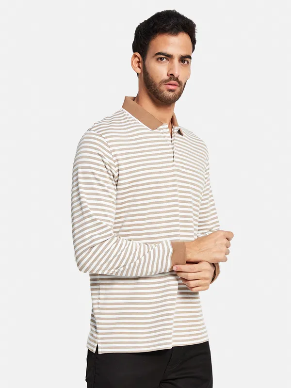 METTLE Men Brown Striped High Neck Pockets T-shirt