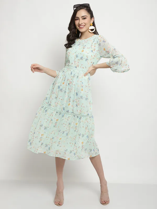 METTLE Floral Print Bell Sleeve Fit Flare Midi Dress
