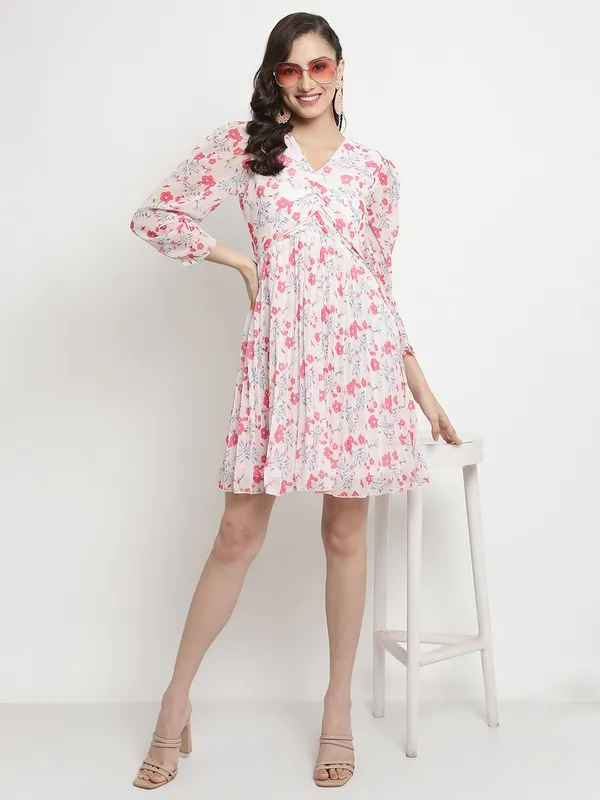 METTLE Floral Printed Puff Sleeve Fit Flare Dress