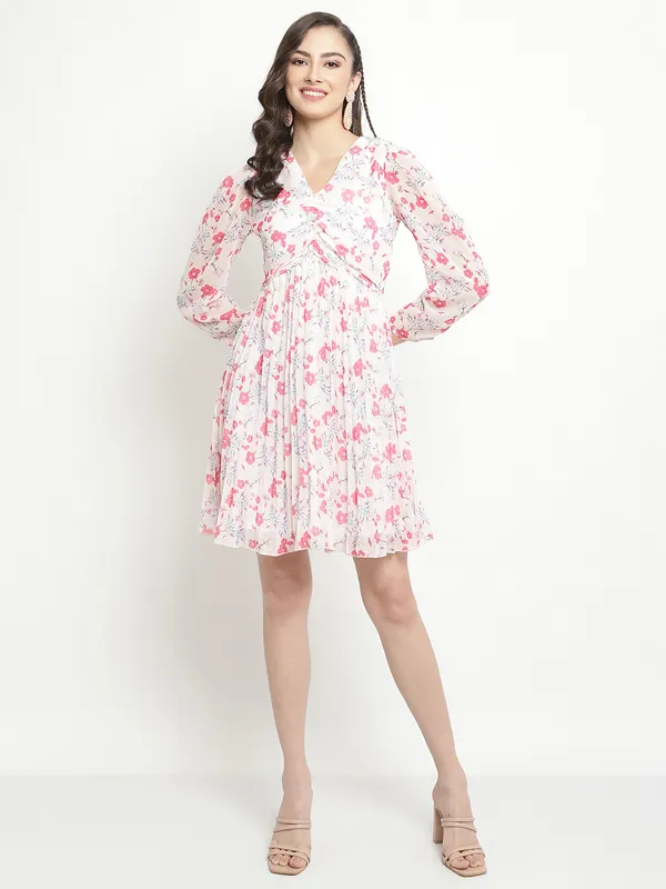 METTLE Floral Printed Puff Sleeve Fit Flare Dress