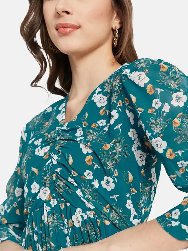 Floral Printed Puff Sleeve Flare Dress