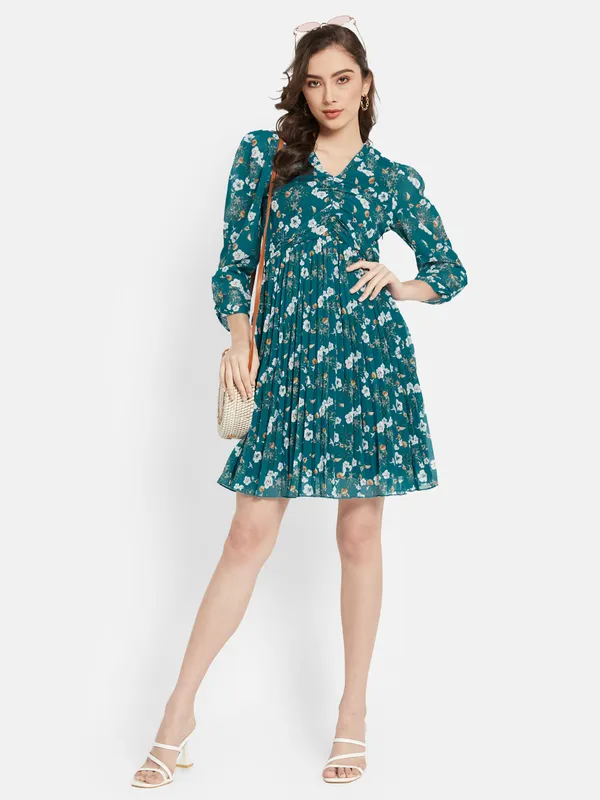 Floral Printed Puff Sleeve Flare Dress